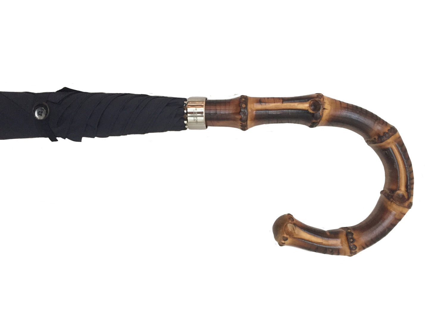Plain Poly cotton canopy. Wooden Stick. Nickel finishes, engraved tip cup. Whangee handle. Available in Brown, Navy, Black, Charcoal. #mrstanford Height: 92cm #mrstanford
