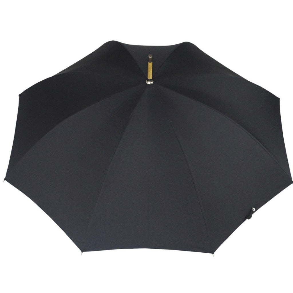 Plain Poly cotton canopy. Wooden Stick. Nickel finishes, engraved tip cup. Whangee handle. Available in Brown, Navy, Black, Charcoal. #mrstanford Height: 92cm