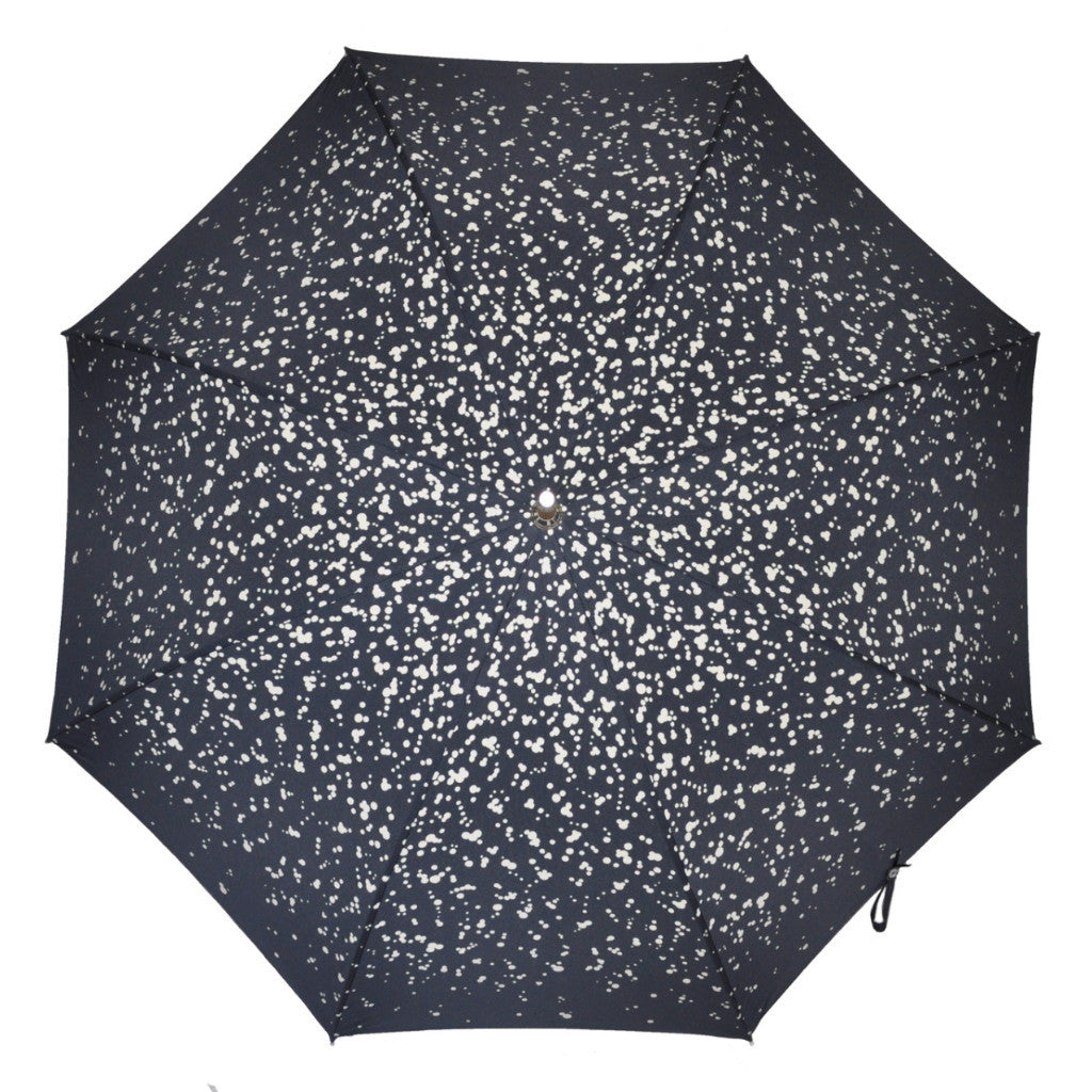 Raindrop printed Polyester canopy.  Wooden Stick.  Nickel fi nishes, engraved tip cup.  Natural Bark Chestnut handle.  Available in Navy/White  #mrstanford 