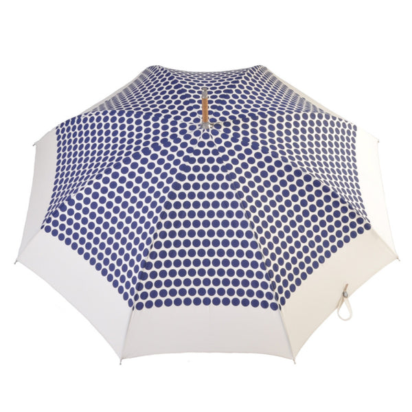  Printed Poly cotton canopy.  Wooden Stick.  Nickel fi nishes, engraved tip cup.  Natural bark Chestnut handle.  Available in  Cotton/Blue. #mrstanford