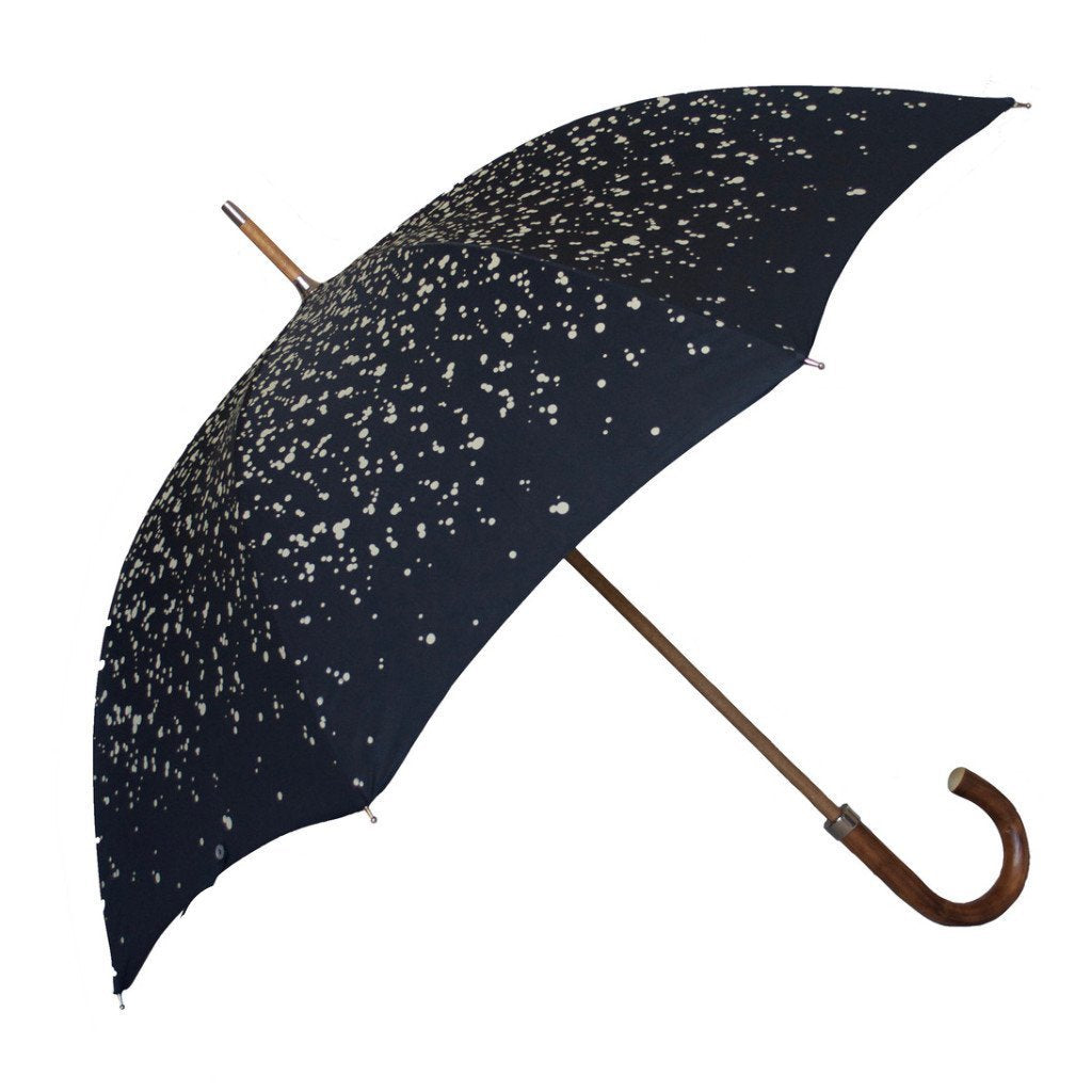 Raindrop printed Polyester canopy.  Wooden Stick.  Nickel fi nishes, engraved tip cup.  Natural Bark Chestnut handle.  Available in Navy/White  #mrstanford 