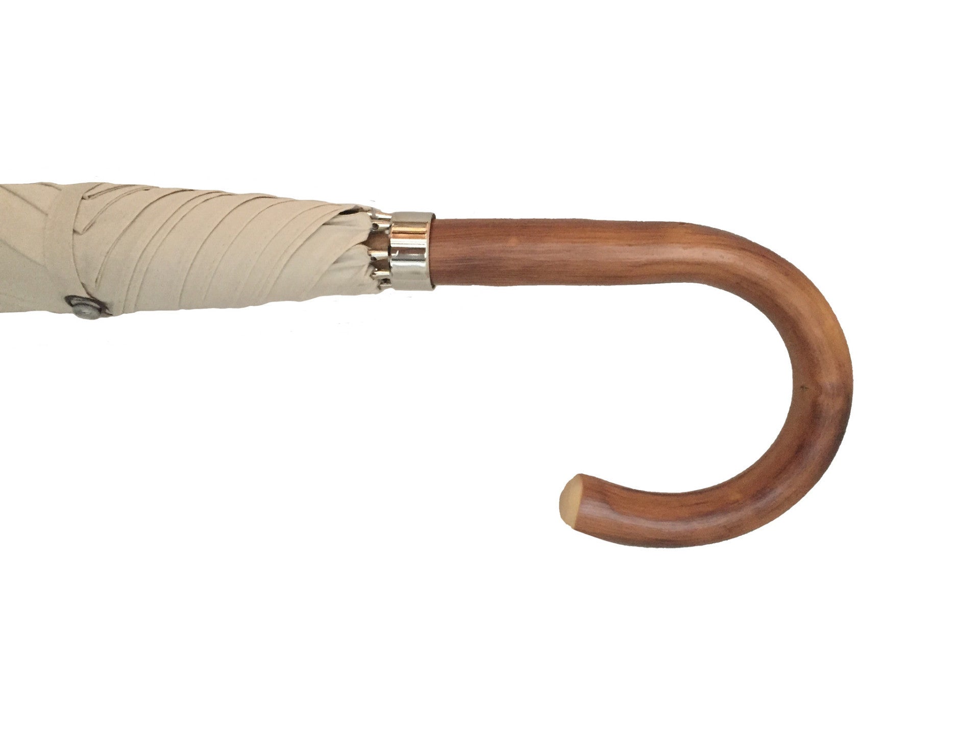  Printed Poly cotton canopy.  Wooden Stick.  Nickel fi nishes, engraved tip cup.  Natural bark Chestnut handle.  Available in  Cotton/Blue. #mrstanford