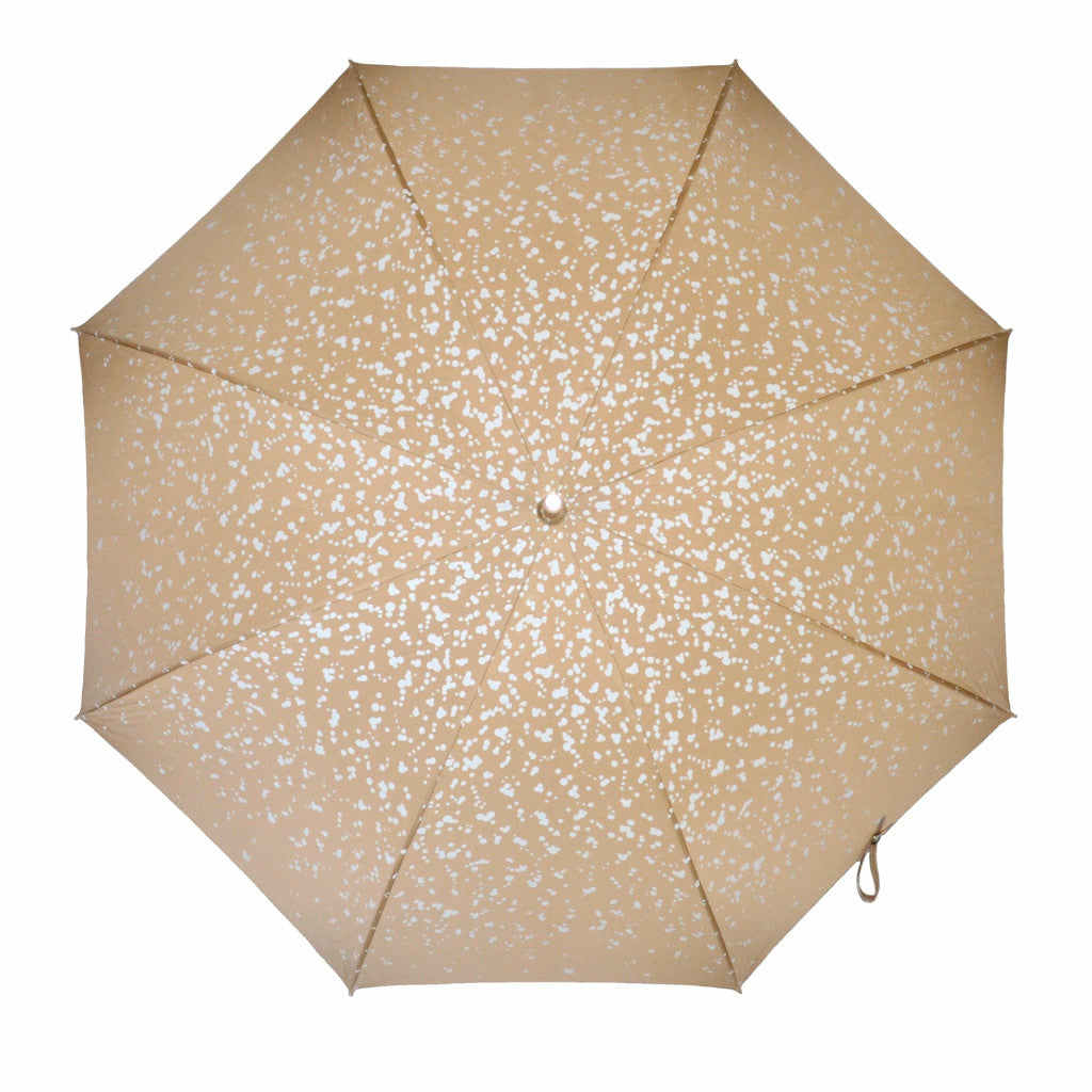Raindrop printed Polyester canopy.  Wooden Stick.  Nickel finishes, engraved tip cup.  Natural Bark Chestnut handle.  Available in Camel/White,    #mrstanford