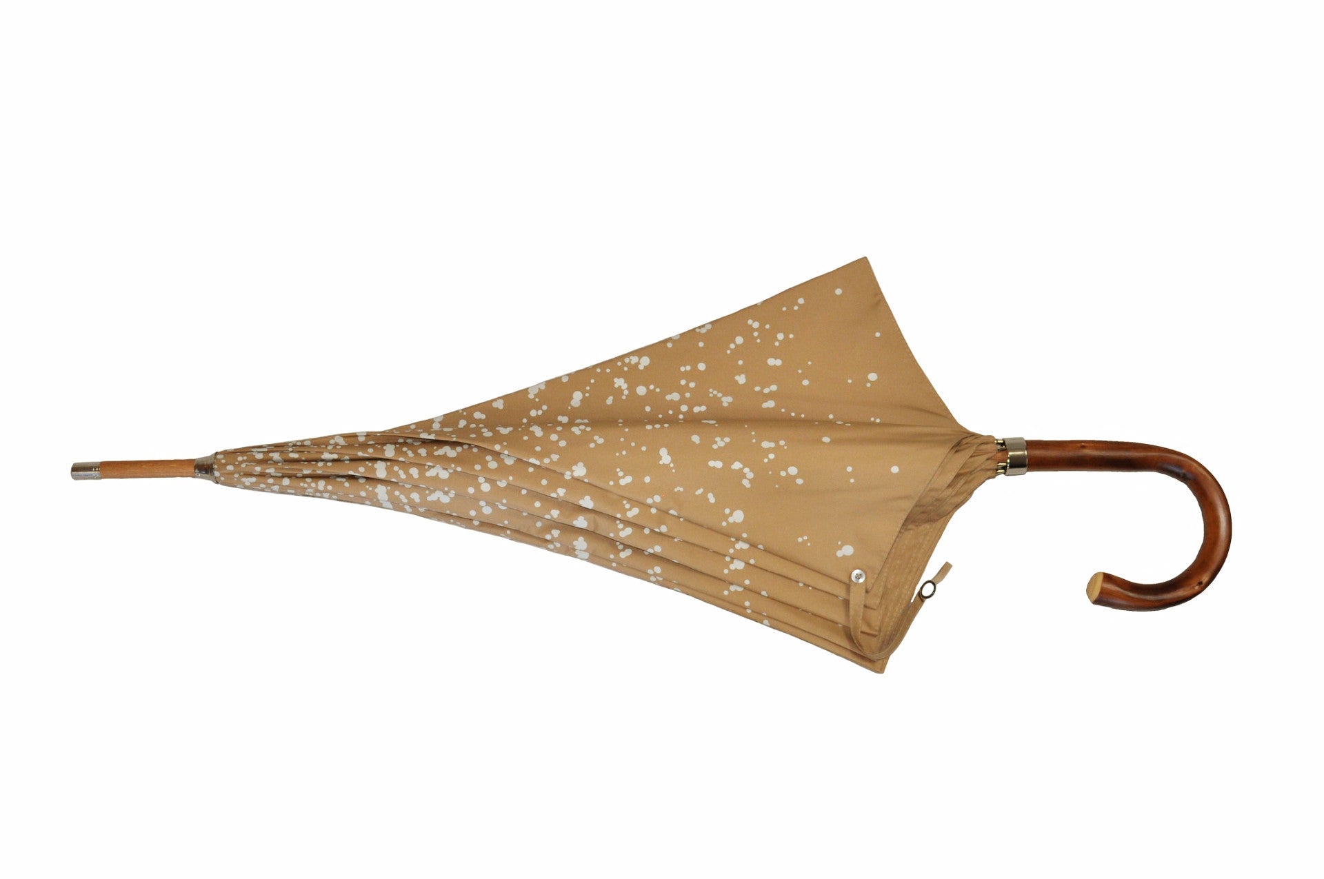 Raindrop printed Polyester canopy.  Wooden Stick.  Nickel finishes, engraved tip cup.  Natural Bark Chestnut handle.  Available in Camel/White,    #mrstanford