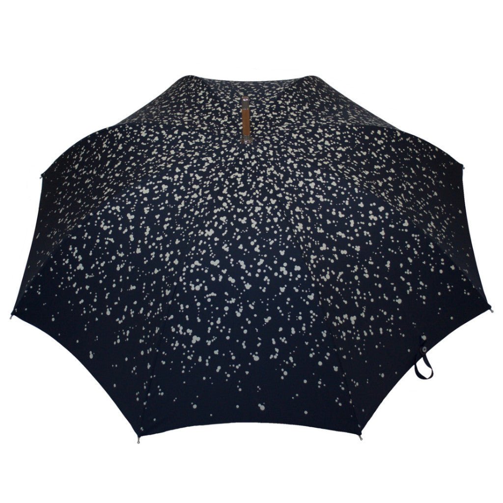 Raindrop printed Polyester canopy.  Wooden Stick.  Nickel fi nishes, engraved tip cup.  Natural Bark Chestnut handle.  Available in Navy/White  #mrstanford 