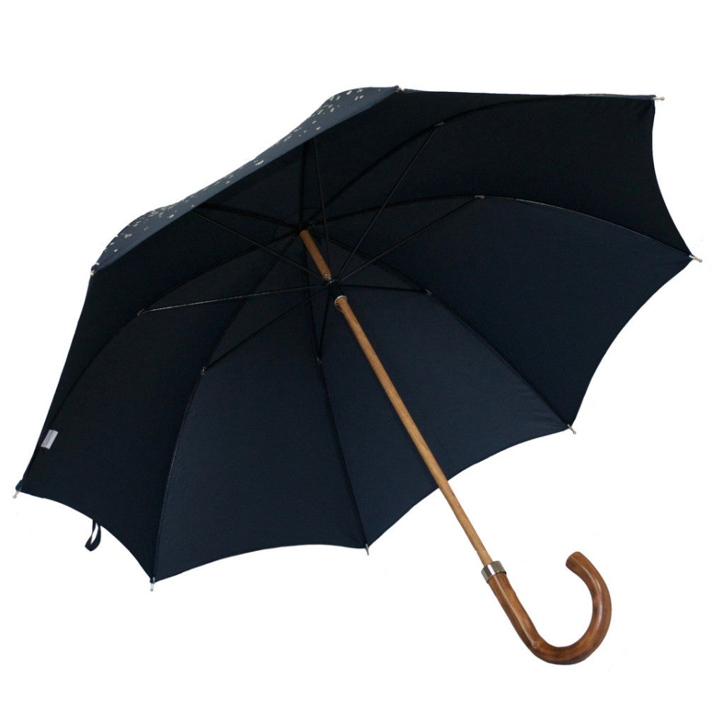 Raindrop printed Polyester canopy.  Wooden Stick.  Nickel fi nishes, engraved tip cup.  Natural Bark Chestnut handle.  Available in Navy/White  #mrstanford 