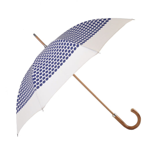  Printed Poly cotton canopy.  Wooden Stick.  Nickel fi nishes, engraved tip cup.  Natural bark Chestnut handle.  Available in  Cotton/Blue. #mrstanford