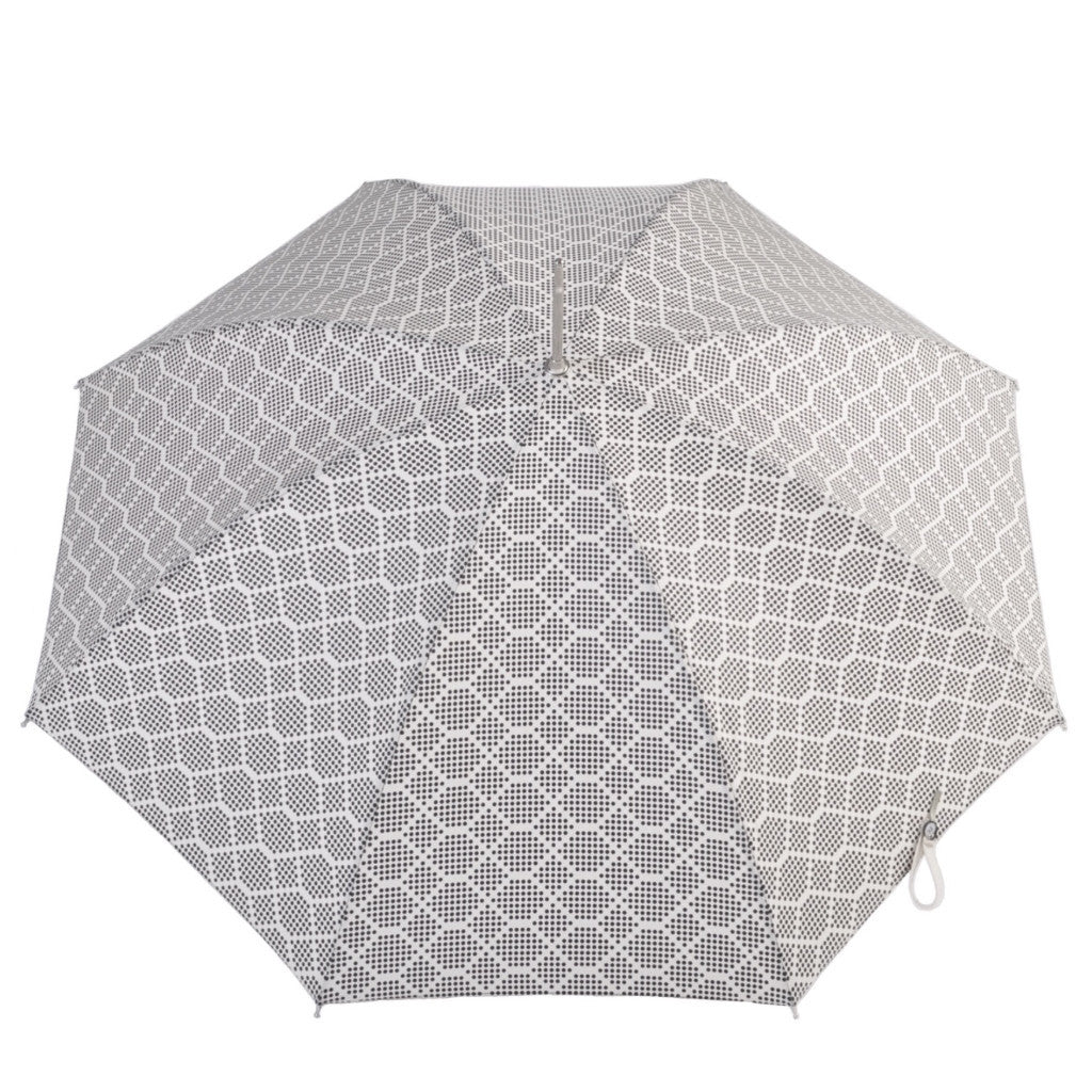 Printed Poly cotton canopy.  Silver metal tube frame.  Nickel fi nishes,  Black Maple ladies handle.  Available in Ivory/Black
