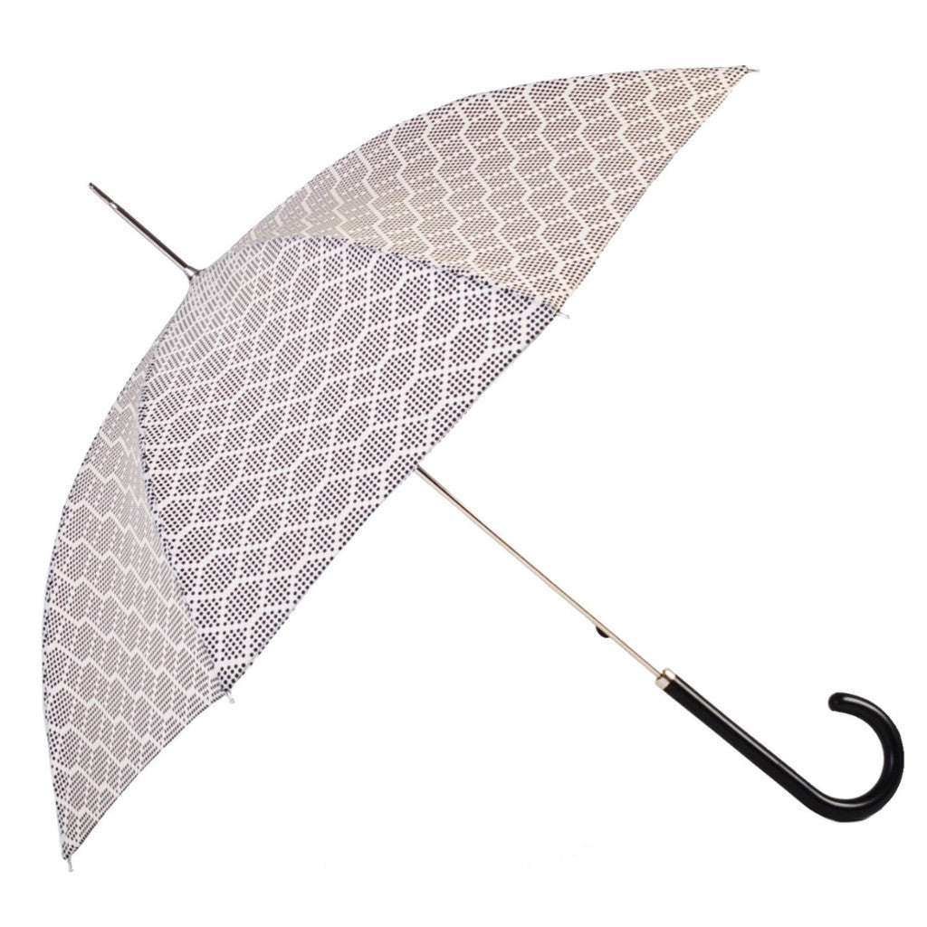 Printed Poly cotton canopy.  Silver metal tube frame.  Nickel fi nishes,  Black Maple ladies handle.  Available in Ivory/Black