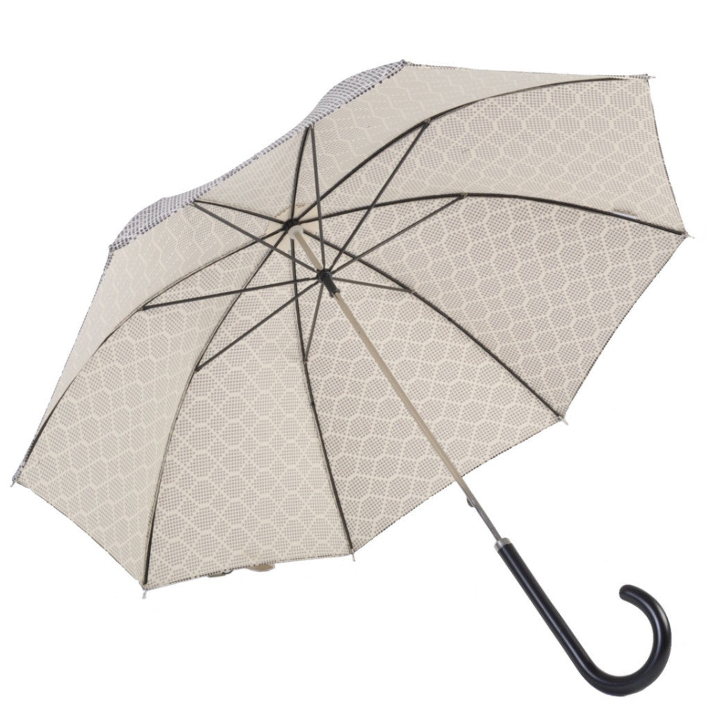 Printed Poly cotton canopy.  Silver metal tube frame.  Nickel fi nishes,  Black Maple ladies handle.  Available in Ivory/Black
