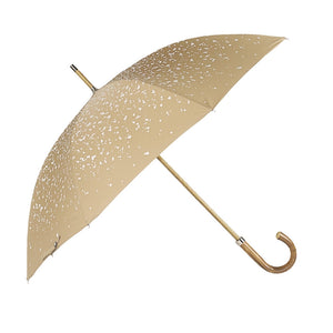 Raindrop printed Polyester canopy.  Wooden Stick.  Nickel finishes, engraved tip cup.  Natural Bark Chestnut handle.  Available in Camel/White,    #mrstanford