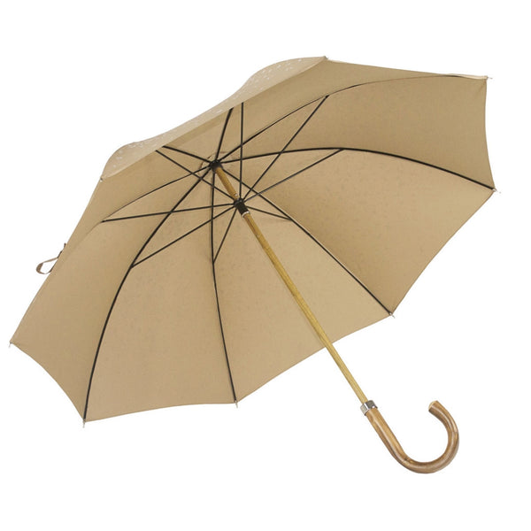 Raindrop printed Polyester canopy.  Wooden Stick.  Nickel finishes, engraved tip cup.  Natural Bark Chestnut handle.  Available in Camel/White,    #mrstanford