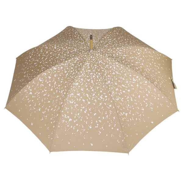 Raindrop printed Polyester canopy.  Wooden Stick.  Nickel finishes, engraved tip cup.  Natural Bark Chestnut handle.  Available in Camel/White,    #mrstanford