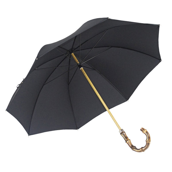  Plain Poly cotton canopy.  Wooden Stick.  Nickel finishes, engraved tip cup.  Whangee handle.  Available in Brown, Navy, Black, Charcoal.   #mrstanford  Height: 92cm